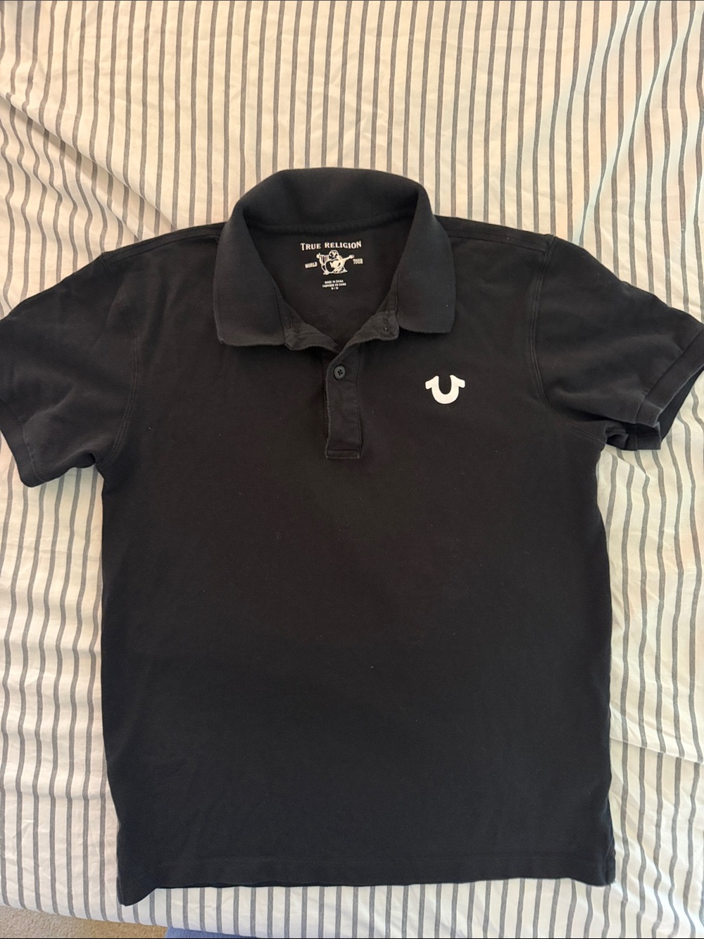 True Religion Men’s Black Polo with White Horseshoe Logo